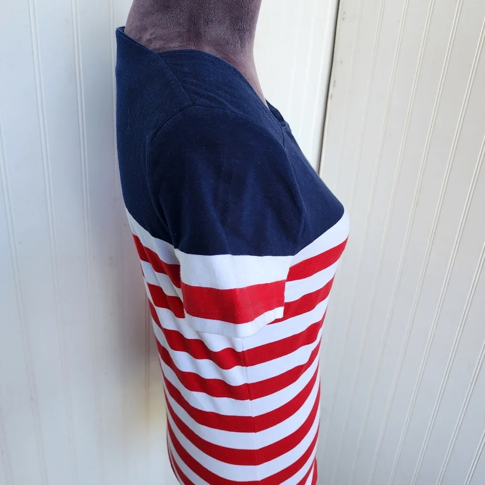 Chaps Classics Navy White Red Stripe Square Neck Short Sleeve T Shirt Nautical M - Picture 5 of 10